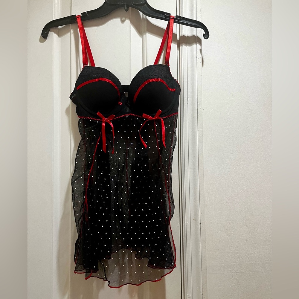 Native Intimates Chic Black and Red Mesh Lingerie with Polka Sequins Dots
